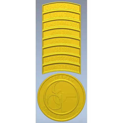 N1 2009, H5N1 2007, BSE 2001, КРАХ СССР 1991, ЧЕРНОБЫЛЬ 1986). Каждая планка отделена тонкой канавкой, что при фрезеровании дает аккуратный рельеф и читаемые микроэлементы. К нижней части ленты крепится круглая медаль с полуприподнятым биологическим симво