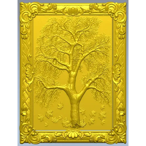 Tree relief panel STL for CNC milling - ornate framed tree