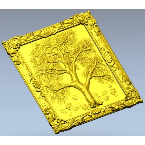Tree relief panel STL for CNC milling - ornate framed tree