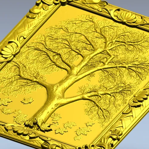 Tree relief panel STL for CNC milling - ornate framed tree