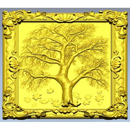 Tree relief panel STL for CNC milling - ornate framed tree