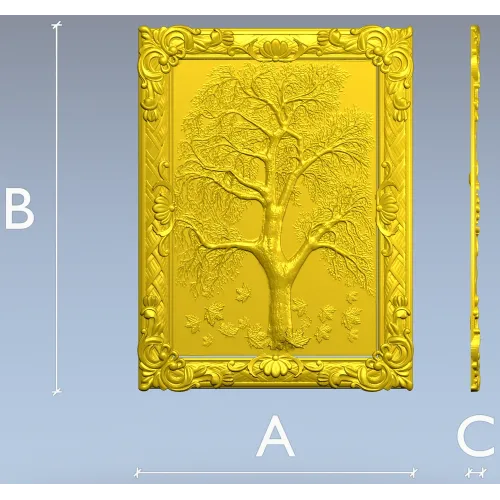 Tree relief panel STL for CNC milling - ornate framed tree