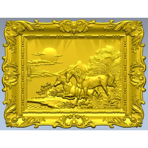 Рельеф в резной раме с лошадьми - STL для ЧПУ