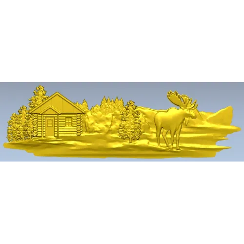 Лесная хижина с лосём - рельефная 3D модель STL для ЧПУ