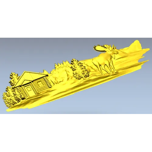 Лесная хижина с лосём - рельефная 3D модель STL для ЧПУ