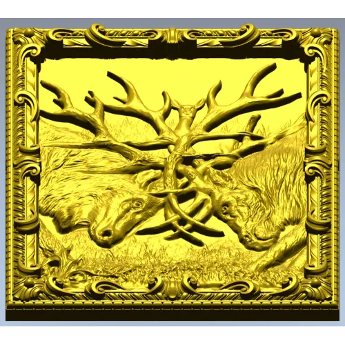 Stag Duel high-relief STL panel for CNC carving