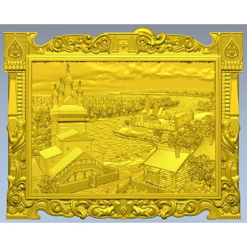 Рельефное панно "Речной пейзаж с церковью" - STL модель для ЧПУ