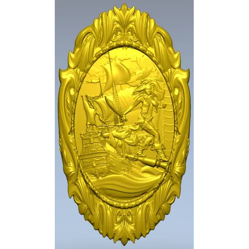 Овальный морской медальон - 3D модель STL для ЧПУ с пиратской сценой