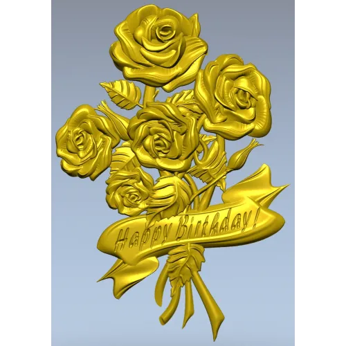 Detailed 3D STL Model of a Bouquet of Roses with "Happy Birthday" Ribbon for CNC Milling