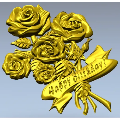 Detailed 3D STL Model of a Bouquet of Roses with "Happy Birthday" Ribbon for CNC Milling