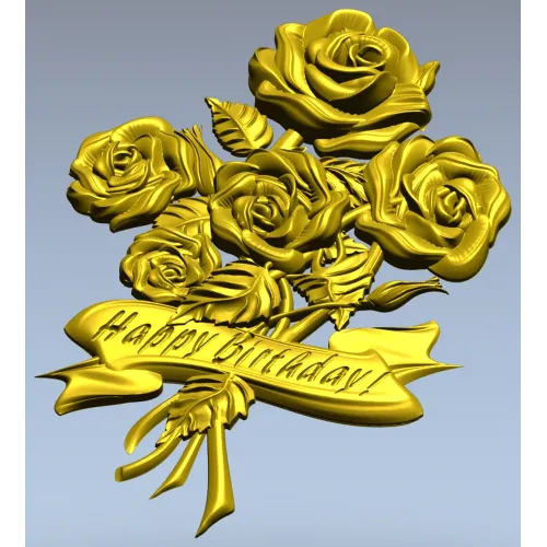 Detailed 3D STL Model of a Bouquet of Roses with "Happy Birthday" Ribbon for CNC Milling