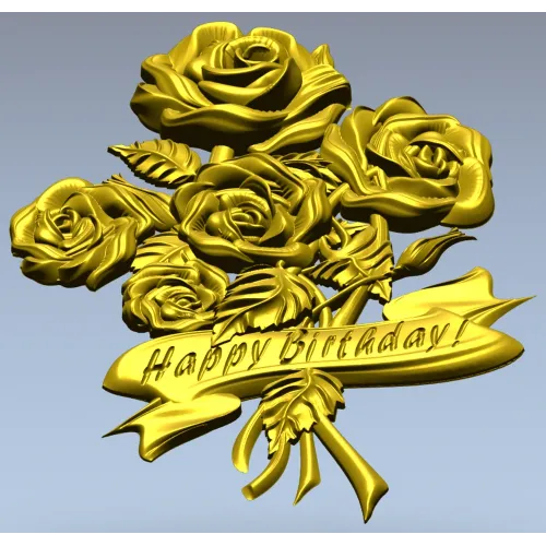 Detailed 3D STL Model of a Bouquet of Roses with "Happy Birthday" Ribbon for CNC Milling