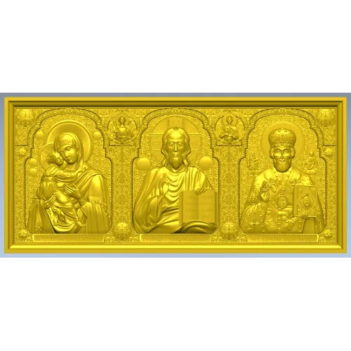 High-relief Icon Triptych STL - Theotokos, Christ Pantokrator, St. Nicholas