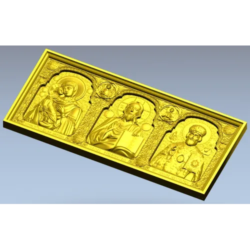 High-relief Icon Triptych STL - Theotokos, Christ Pantokrator, St. Nicholas