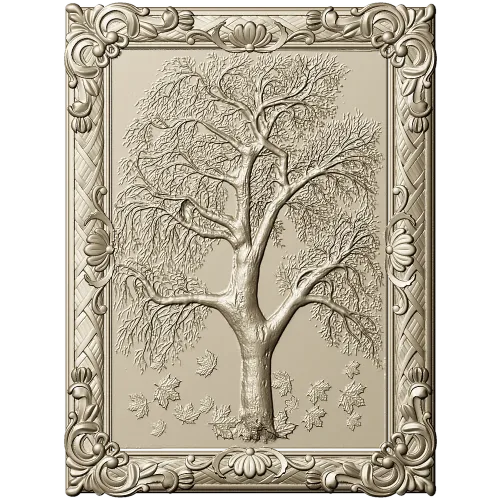 Tree relief panel STL for CNC milling - ornate framed tree