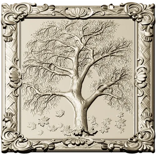 Tree relief panel STL for CNC milling - ornate framed tree