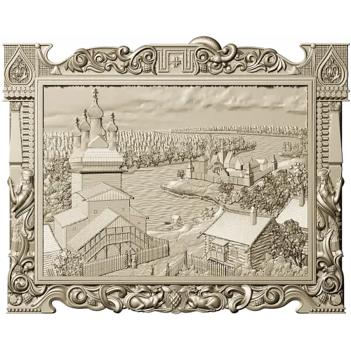 Рельефное панно "Речной пейзаж с церковью" - STL модель для ЧПУ