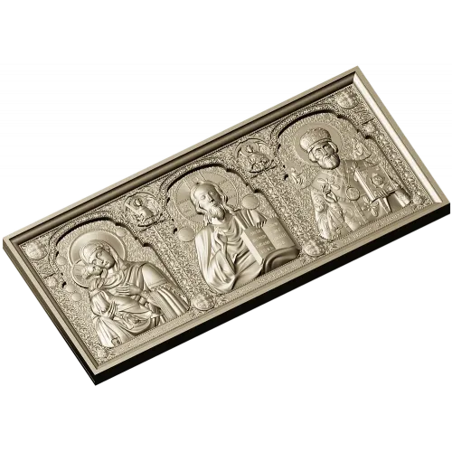 High-relief Icon Triptych STL - Theotokos, Christ Pantokrator, St. Nicholas