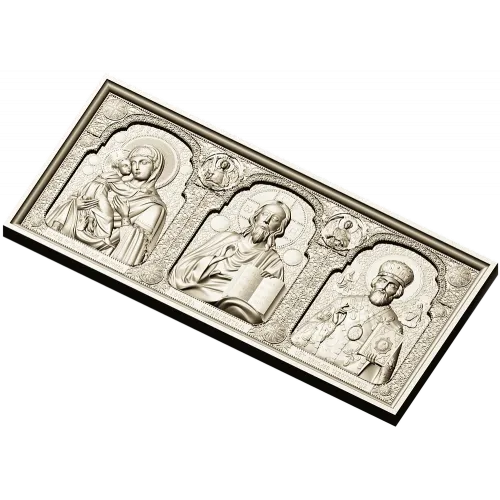 High-relief Icon Triptych STL - Theotokos, Christ Pantokrator, St. Nicholas