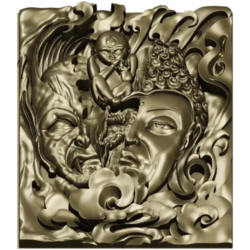 Buddha and Demon high-relief panel STL model for CNC