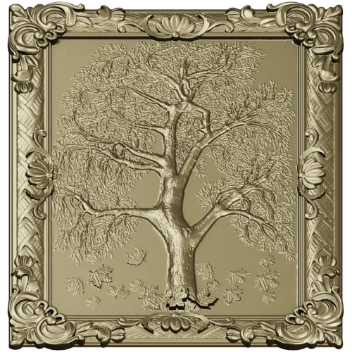 Tree relief panel STL for CNC milling - ornate framed tree
