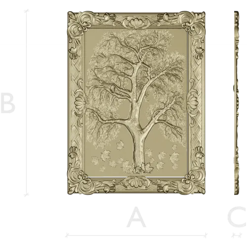 Tree relief panel STL for CNC milling - ornate framed tree
