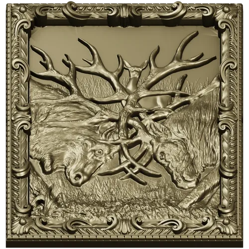 Stag Duel high-relief STL panel for CNC carving