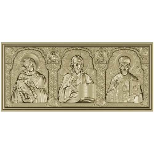 High-relief Icon Triptych STL - Theotokos, Christ Pantokrator, St. Nicholas