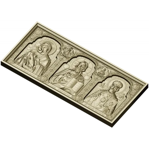 High-relief Icon Triptych STL - Theotokos, Christ Pantokrator, St. Nicholas