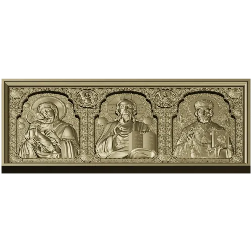 High-relief Icon Triptych STL - Theotokos, Christ Pantokrator, St. Nicholas